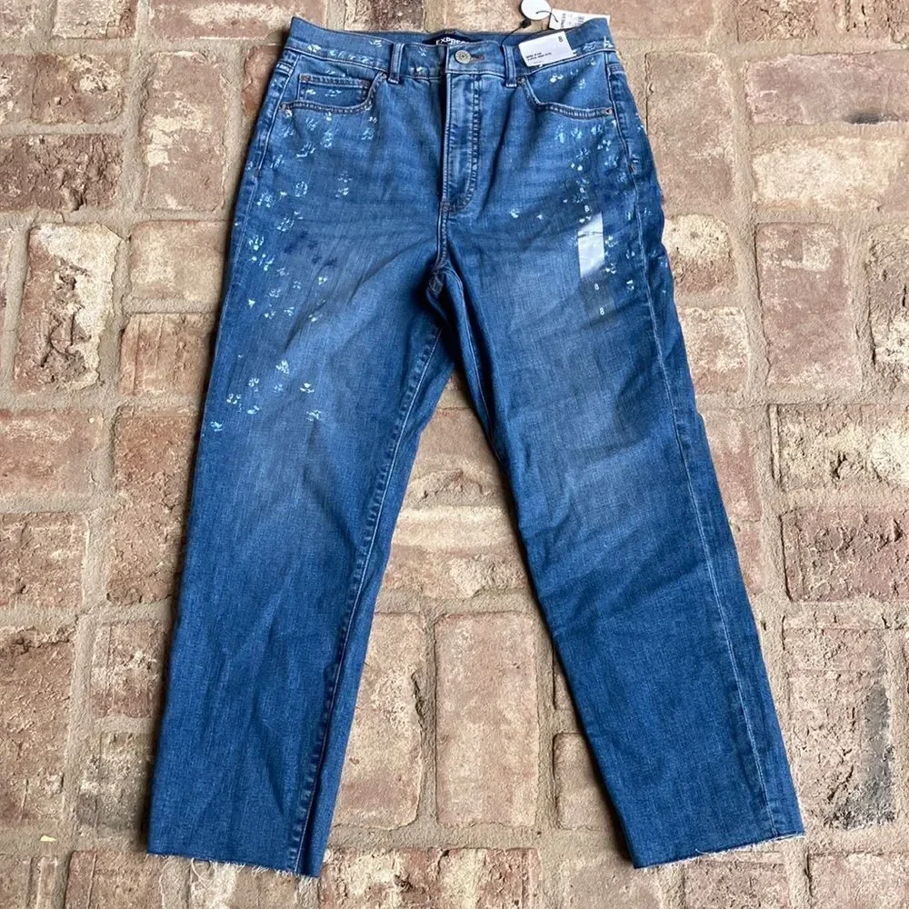 New Express Paint Splatter Super High Rise 12” Mom Jeans Size 8 - Picture 2 of 14